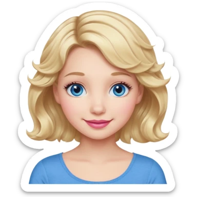 Girl Blonde short wavy hair,  blue eyes, cute blue top, long lashes, pink lips, 👄 smiling  sticker