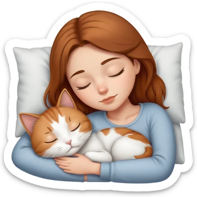 brunette caramel haired girl sleeping with mostly white and light grey cat sticker