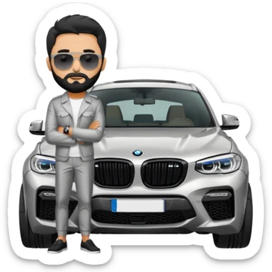 A man with black hair and beard standing next to his silver grey BMW X4 M competition with sunglasses and slick hair sticker