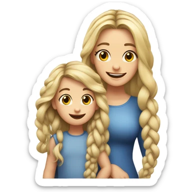 An emoji of a blonde mother with long hair, standing next to her 3-year-old daughter with black braided hair, both smiling sticker