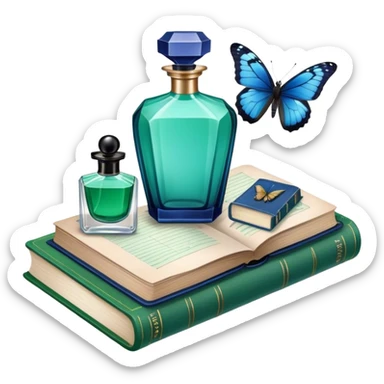 A vintage still-life composition featuring a navy perfume bottle, an old green book, and a blue butterfly. sticker