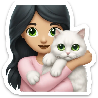 girl with very long black hair and green eyes and light pink outfit hugging a white scottish fold long hair blue eyes cat  sticker