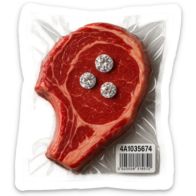 juicy steak with diamonds on top, shiny and inflated, vacuum-sealed style sticker