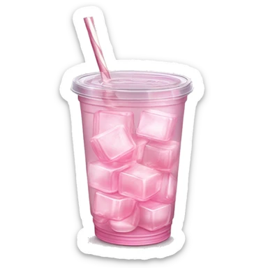 Realistic see through plastic cup and lid with half full Transluscent light pink soda,straw and large ice cubes inside. sticker