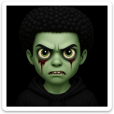Change the hair to a Black hairstyle with tight curls or afro and add a black hoodie. Keep the boy zombie's green skin, emo vibe, and creepy expression. sticker