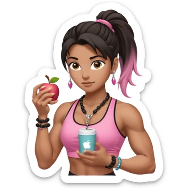 Caramel skinned toned female with a black messy ponytail for hair. Her eyes are a coffee color brown and almond shaped. She’s wearing a pink sports bra and showing off her big muscular toned biceps. She’s not holding anything in her hands but she wears a rosary necklace and an Apple Watch. sticker