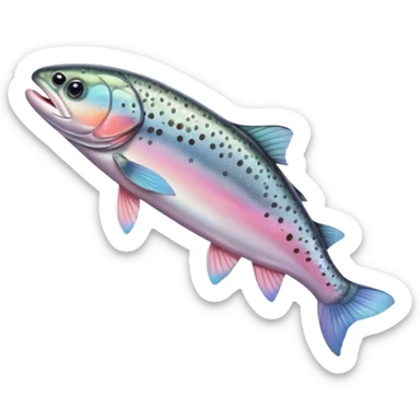 whole fresh trout with slender elongated body, silver-gray skin with dark spots, iridescent scales, soft pink belly, intact fins, clear eyes, slightly open mouth, no plate or extras, soft lighting, subtle shadows, emoji scale sticker