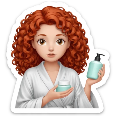 Cartoon emoji of a girl with voluminous curly red hair, fair skin, brown eyes. Wearing a chic milky silk robe with long sleeves, no makeup. Portrait mode, holding 2 moisterizers or different skin care products, looking super doubtful twisted and unsure. she is miserab;e sticker