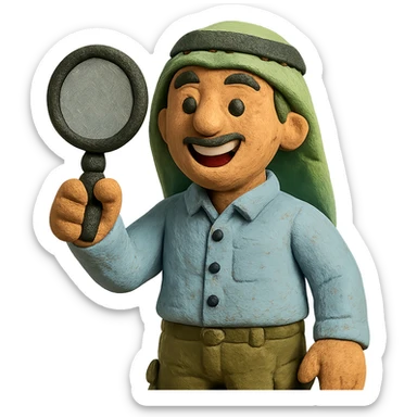 Create a realistic emoji character named Master Hunt. He is a Saudi young adult ,a button-up shirt and cargo pants. In one hand, he holds a magnifying glass, and he has an enthusiastic smile on his face. The background should be transparent , positive work culture. sticker