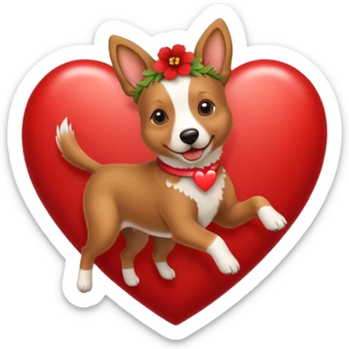Short-haired Belgian Dog with a flowerband on head is jumping on a heart sticker