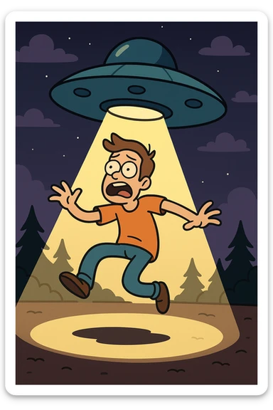 a person being abducted by a UFO, cartoon style, dramatic lighting sticker