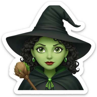 elphaba wicked witch with broom close up, evil dark curly hair, green skin, thick lips, cheekbones, smirk evil menacing cythia erivo dark aesthetic black hat cloak  sticker