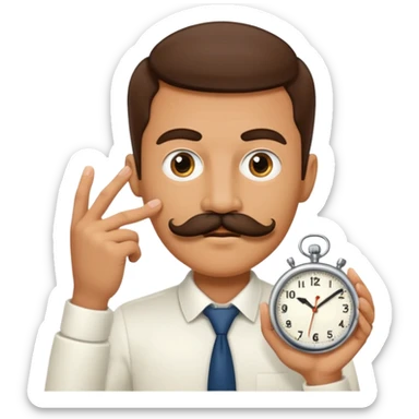 a watch person, a wrist watch with a face (eyes and mouth) in it and the clock hand are positioned to look like a moustache sticker