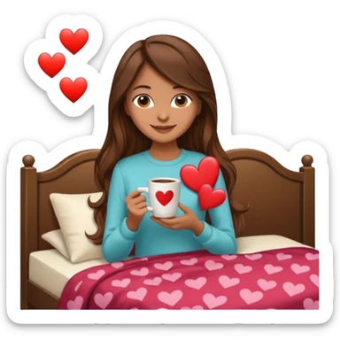 Un emoji de una chica con el pelo castaño y largo y suelto así como vestida como una that Girl y un café con dibujo de corazón y una cama aesthetic modo vida perfecta sticker