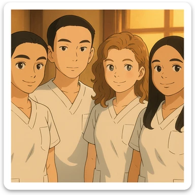 Four nursing students side by side in a warm indoor ambiance, wearing white short-sleeve uniform tops resembling medical tunics with V-neck collars and left chest pockets, no stand-up collars, no hijabs or undergarments beneath the tunics, no stethoscopes. Each student has the face from the provided portraits, styled in Ghibli style, group composition, variation 2. sticker
