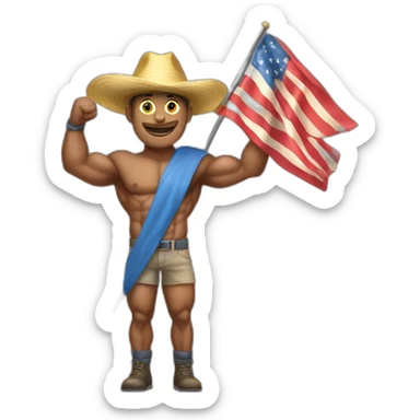 Create a full-body emoji of a muscular man, wearing a New Year's hat and holding a flag. sticker