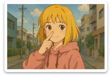 A girl yellow hair brown eyes pink Urban Heavy Loose Fit Hood Sweat touch your nose  sticker