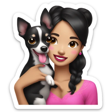 Thick medium black hair with hot pink lips and pink cheek smiling Filipino lady hugging black and white Chihuahua  sticker