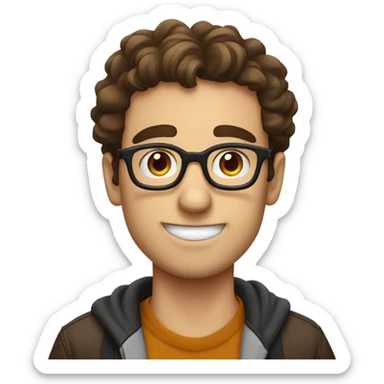  A guy with brown hair and glasses, his name is Miro and he is making a nerd face sticker