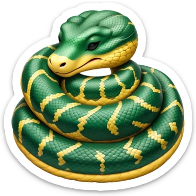 Meme-Worthy cute Sleeping Anaconda Portrait Emoji, Body coiled in a relaxed, peaceful slumber with a contented expression and softly closed eyes, showcasing intricately patterned scales and a serene demeanor, Simplified yet hilariously adorable features, highly detailed, glowing with a soft, drowsy jungle light, high shine, relaxed and utterly lovable, stylized with an air of playful laziness, bright and heartwarming, soft glowing outline, capturing the essence of a sleeping serpent that feels destined to become the next viral sensation of adorable rest! sticker