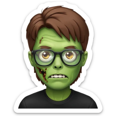 Green zombie, brown hair, black glasses, black shirt. iOS style. sticker