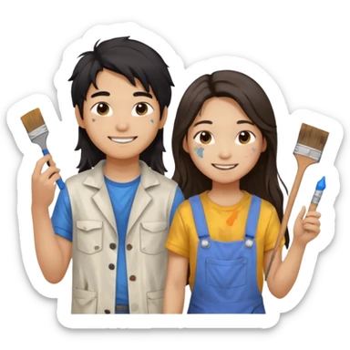 Asian boy with long hair and girl messy painters sticker