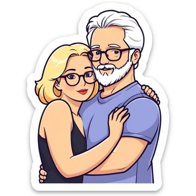 Hyper realistic couple in love, man had grey hair and a beard. The lady is blonde and curvy and wears glasses and makeup sticker