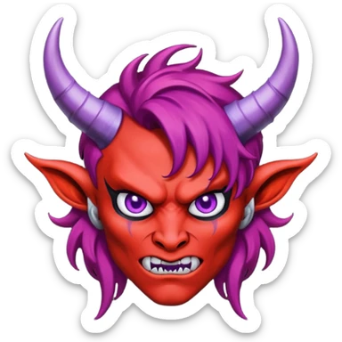 A red-skinned demon with crimson hair, purple eyes and four black horns, sticker