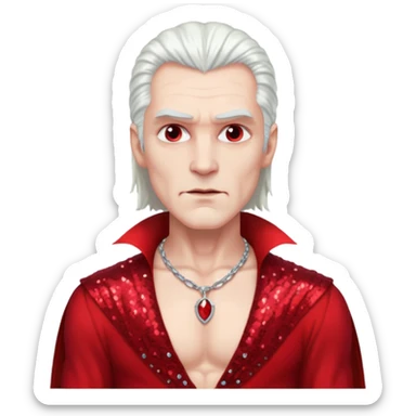 Count Dracula with long white hair, red sequin baggy pants, shirtless with necklace sticker