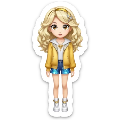 Pretty, stylish, kawaii, sparkly, lovely, shiny, accessories, anime style, character, real life, big eyes, cute, gorgeous hair, full body, stylish clothing, lady, young, romantic, colorful, detailed, cool design, aesthetic sticker