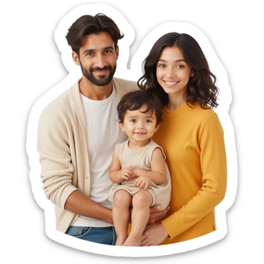 closeup shot of a family of three (parent and two kids) with lifelike skin, hair, and clothing details in skeuomorphism style sticker