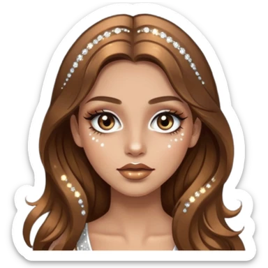Girl with long brown hair with sparkly white eyeshadow and sparkles on face and bronze lipstick  sticker