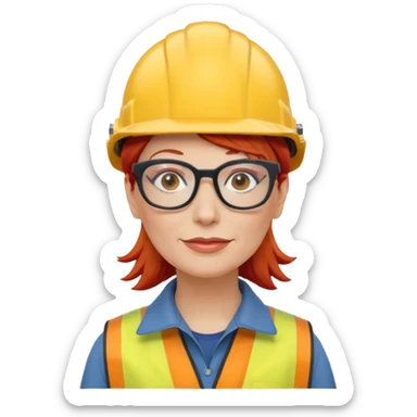 a middle-aged woman with red hair and glasses, wearing a yellow helmet sticker