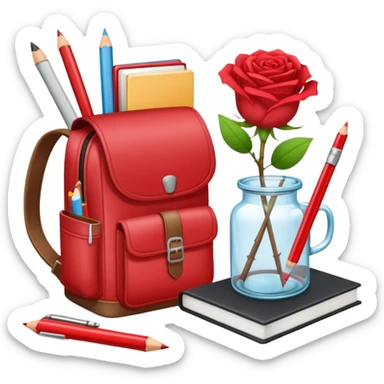 crear una  pizarra grande con libros a un lado, cuadernos, lapices, creyones, un vaso de cristal con rosas rojas, morral, lapto, estilo vector sticker