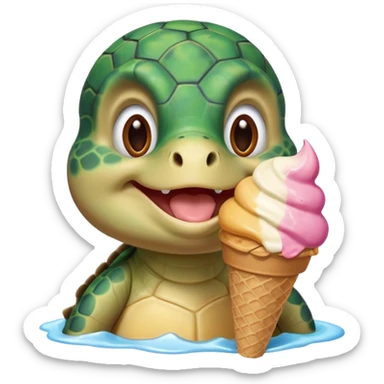 cute turtle portrait, head and shoulders only, licking an ice cream cone, funny happy expression, 3D cartoon, mobile game icon style, clean background, no text, no watermark
 sticker