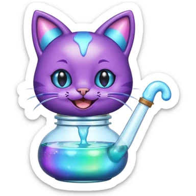 Smiling bottle of oil light purple top and light blue sticking tongue out and with cat ears sticker