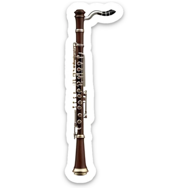 Cinematic Realistic Oboe, slender and elegant dark wood body, silver-plated keys catching soft highlights, delicate reed resting at the top, glowing with refined and classical beauty. sticker