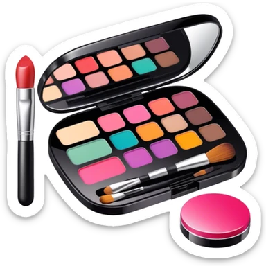 A photorealistic icon featuring makeup brushes, lipstick, eyeshadow palette, and a compact mirror with a completed makeup look. Bright, detailed design with realistic textures and lighting. Transparent background, clearly symbolizing makeup and beauty. sticker