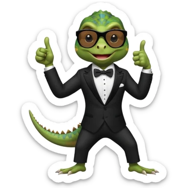 capitalist iguana banker in tuxedo and black sunglasses dancing crazy thumb up sticker