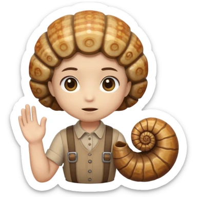 Shelly has a small, chibi-style body with a large ammonite-shaped head that looks like a beige fossil shell. One side of her head has a dark opening, making it clear she isn’t human. Her face is simple and soft, with big round eyes. She wears a brown suspender outfit over a lighter shirt sticker