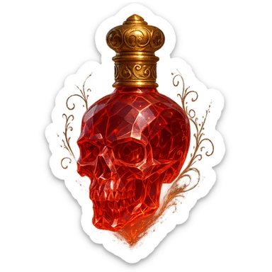 luxurious elixir bottle in the shape of a skull, red color with lots of glow, sharp edges, light refractions, golden neck and golden details, ornate decorations, magical effects, transparent background, beautiful merging bottom, bottle clearly hanging in the air without base or shadow, premium class impression, design matching a collection of crystal, luxurious, magical bottles sticker