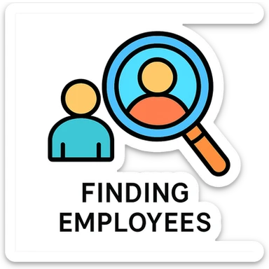 A flat design icon for 'Finding Employees' depicting a magnifying glass over a person, keeping the style professional yet approachable. sticker