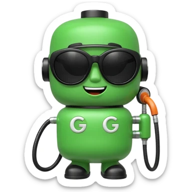 A cute 3D icon of a green gas pump character wearing oversized black sunglasses. Round and chubby proportions, glossy toy-like texture, soft pastel lighting, friendly expression, smooth edges, high-quality render, isolated on a transparent background. sticker