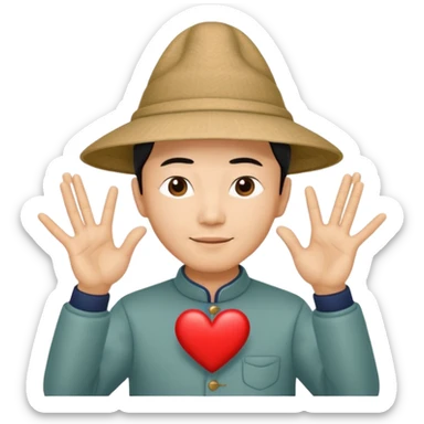 chinese man in pointy asian hat doing heart hands sticker