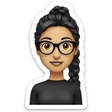 A girl is wearing black framed glasses, with black hair and a high ponytail. There is a little splayed bangs on the front, which is white sticker