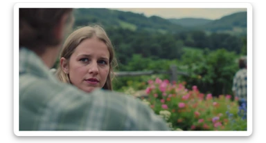 A portrait of a person in the foreground, blurred plants in the foreground, a wooden fence and colorfull flowers in the midground, rolling hills in the background, cinematic depth of field, layered composition, natural lighting sticker