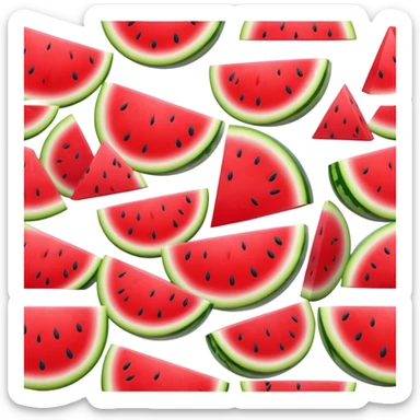 Cinematic juicy watermelon, thick slices revealing vibrant red interior, glossy and glistening with tiny black seeds, fresh and refreshing, soft glowing background, summer vibes. sticker