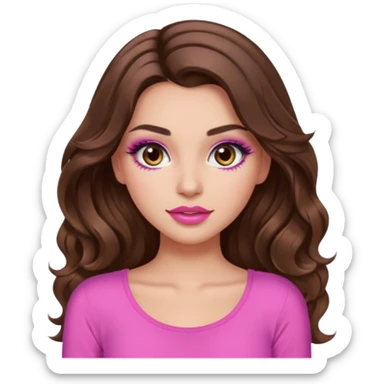 girl with long wavy brown hair, brown eyes, long lashes makeup, sexy pink lips, light to medium complexion, wearing a pink sexy t sticker