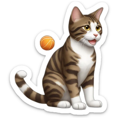 Dark brown and white Tabby Cat playing with a ball sticker