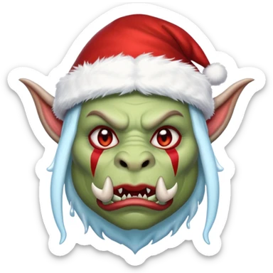 Fantasy orc emoji portrait, Santa Claus hat stretched around tusks, tusks covered with ice and crimson frost cracks, cold predator expression, winter hunt atmosphere, minimal clean emoji design, female variant
 sticker